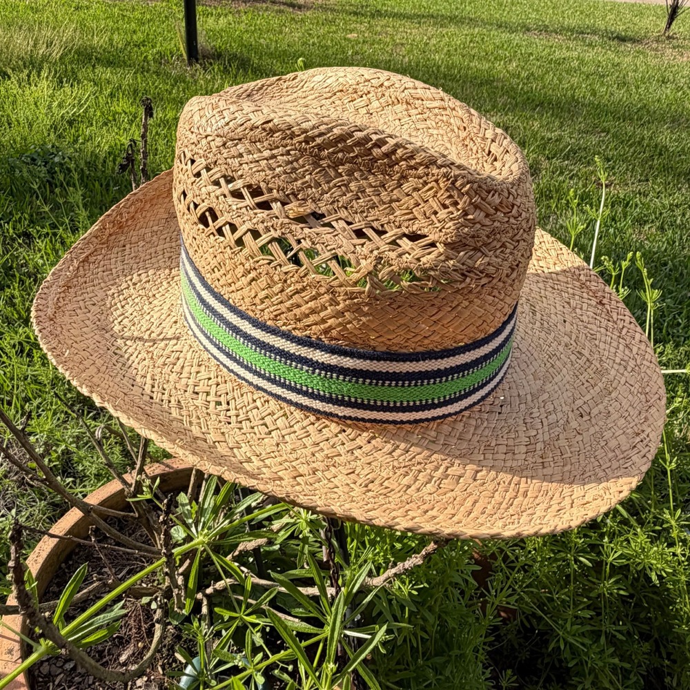 Vintage Straw Bucket Hat Size 7 1/4 Tan Striped Band Ventilated Made in Italy